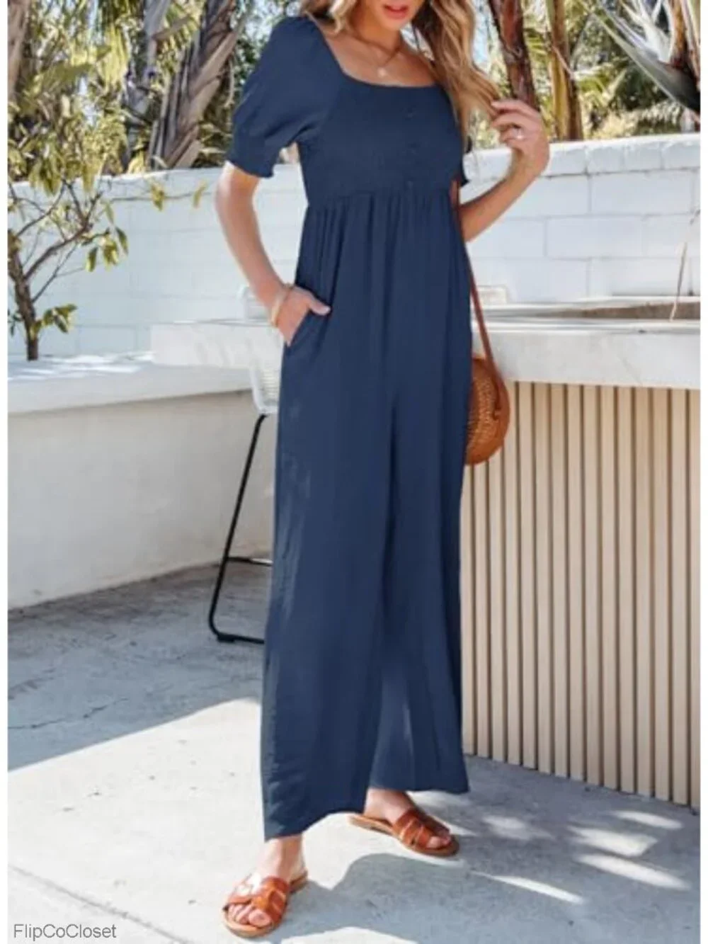 Women's Wide Leg Jumpsuit Lantern Sleeve Romper with Pockets Summer